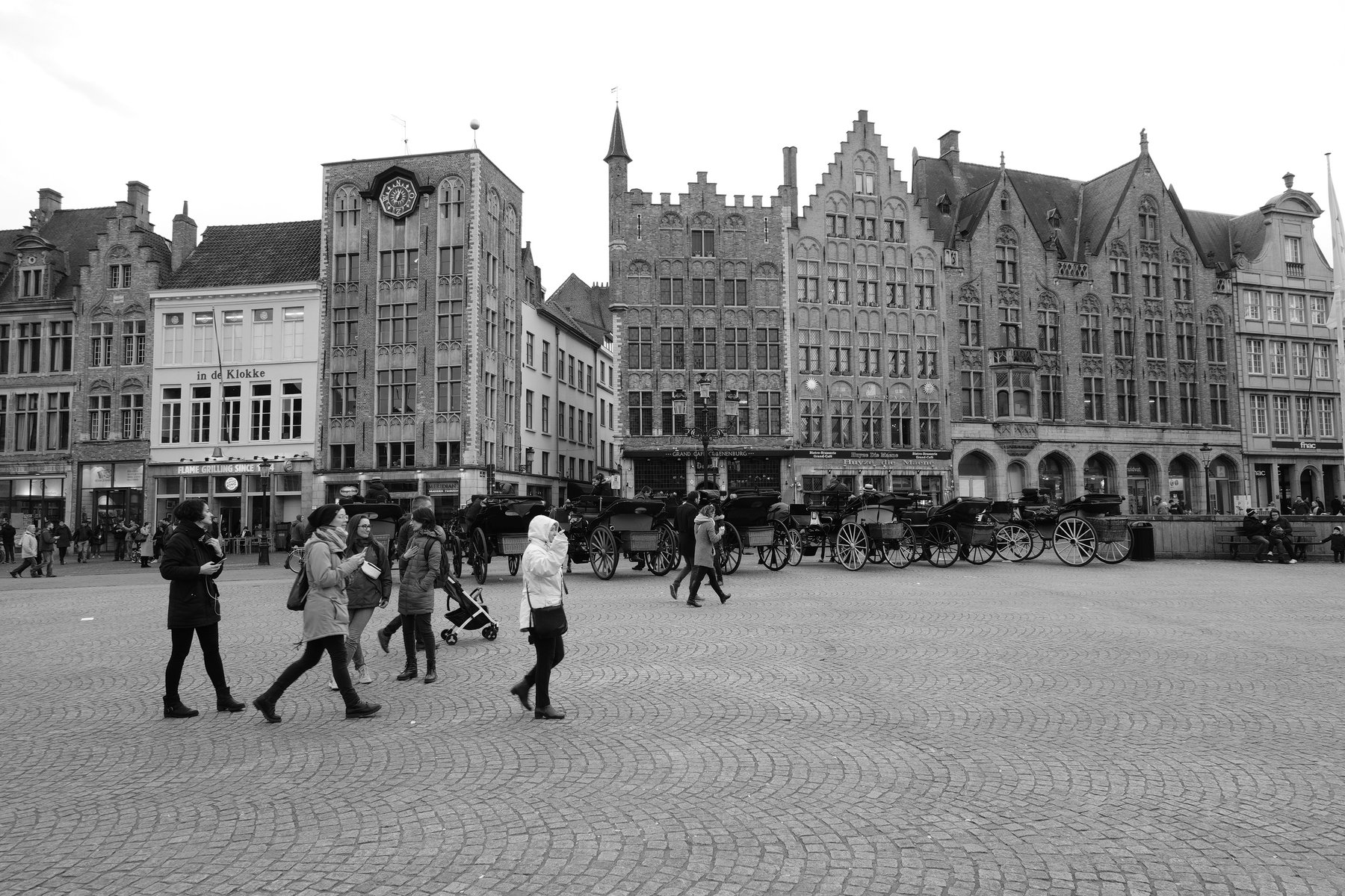 Black and white photo of Prague's old town square